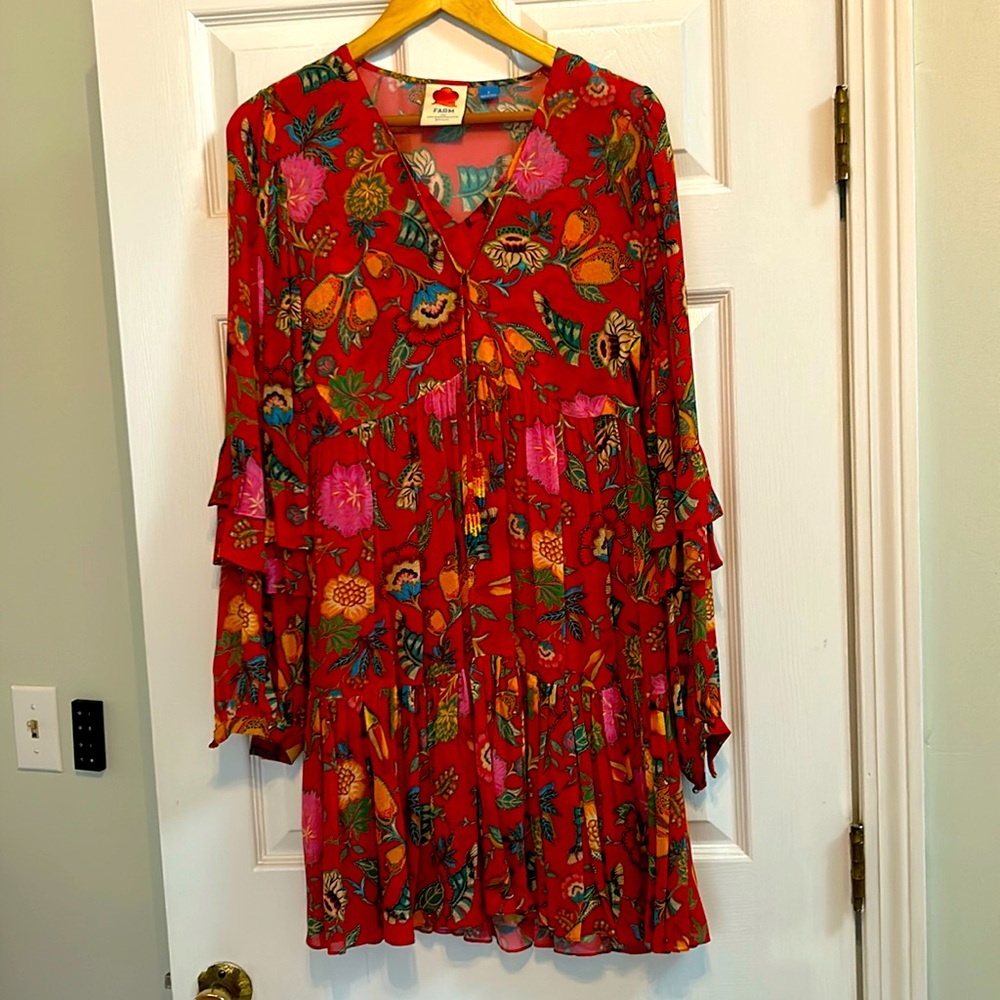 Red Farm Rio dress with long sleeves. Size small.